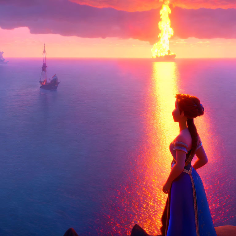 Blue-dressed animated character watches sea volcanic eruption at sunset with ships nearby