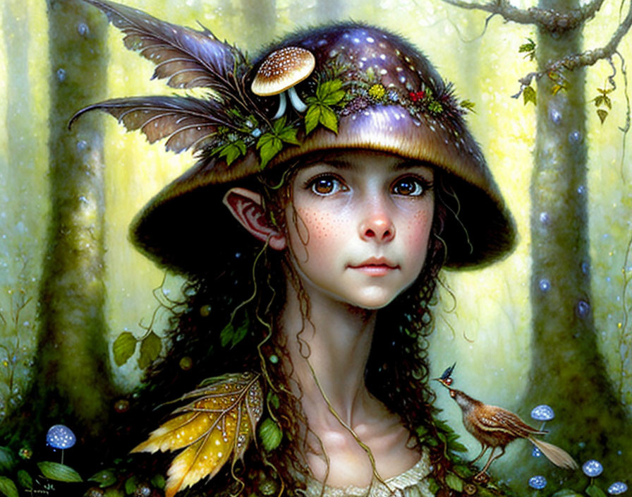 Young girl with pointed ears in mushroom cap hat with bird in luminous forest