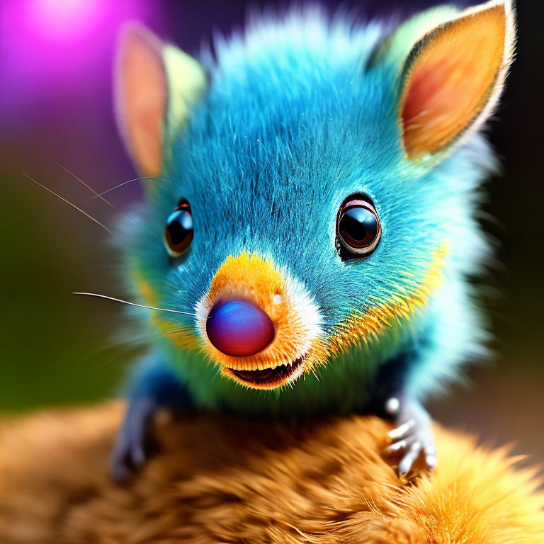 Colorful digital illustration of whimsical creature with blue furry head and expressive eyes