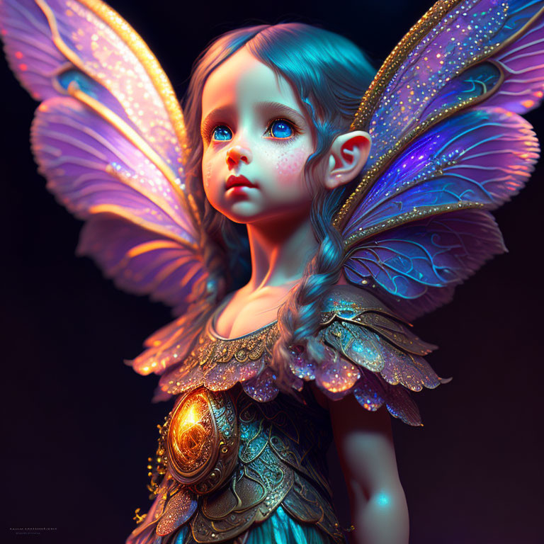 Whimsical fairy child with luminous wings and golden armor on dark background