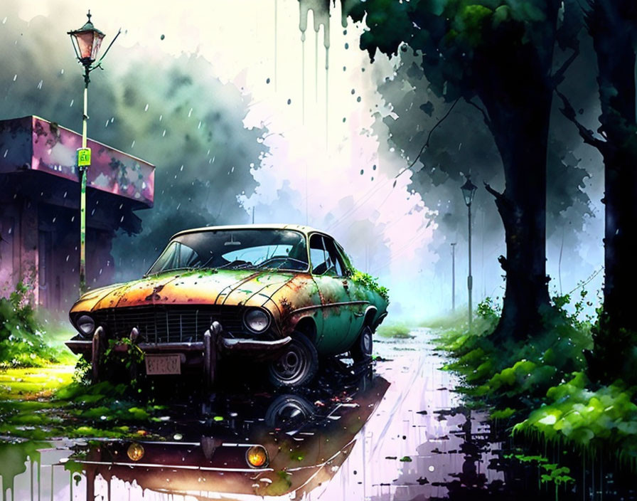 Rusty car overtaken by plants on vibrant rain-soaked street