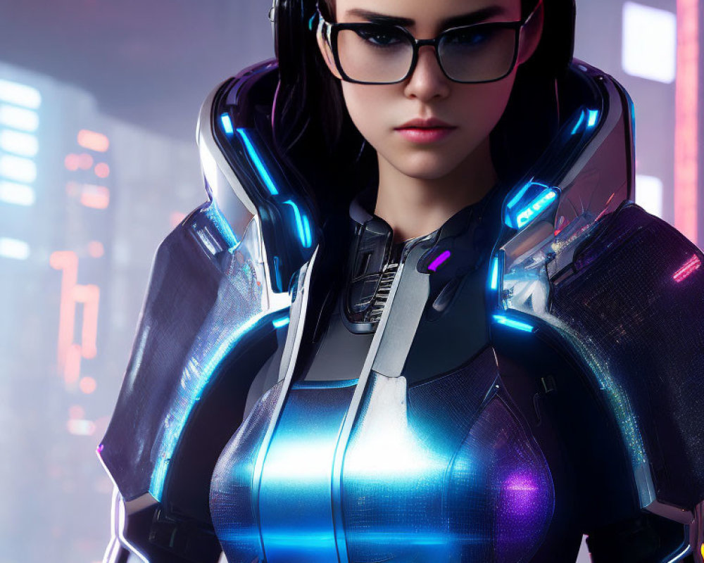 Futuristic female character in sleek armor with glowing blue elements, headphones, and glasses in neon-l