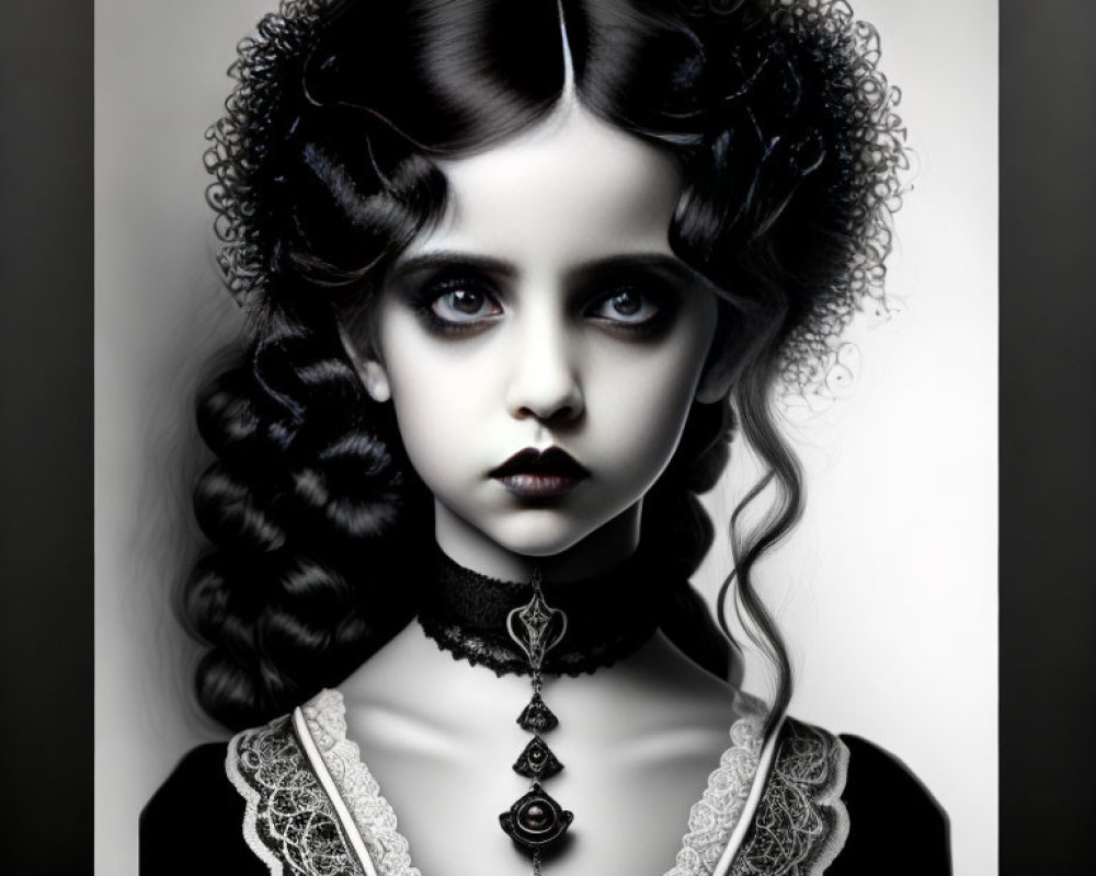 Monochrome portrait of girl with big eyes, dark lipstick, Victorian-era hair, lace dress, ch