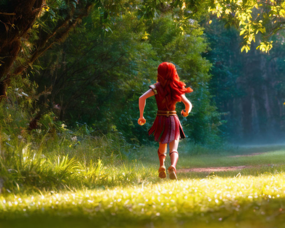 Red-haired person in purple and red outfit walking on sunlit forest path