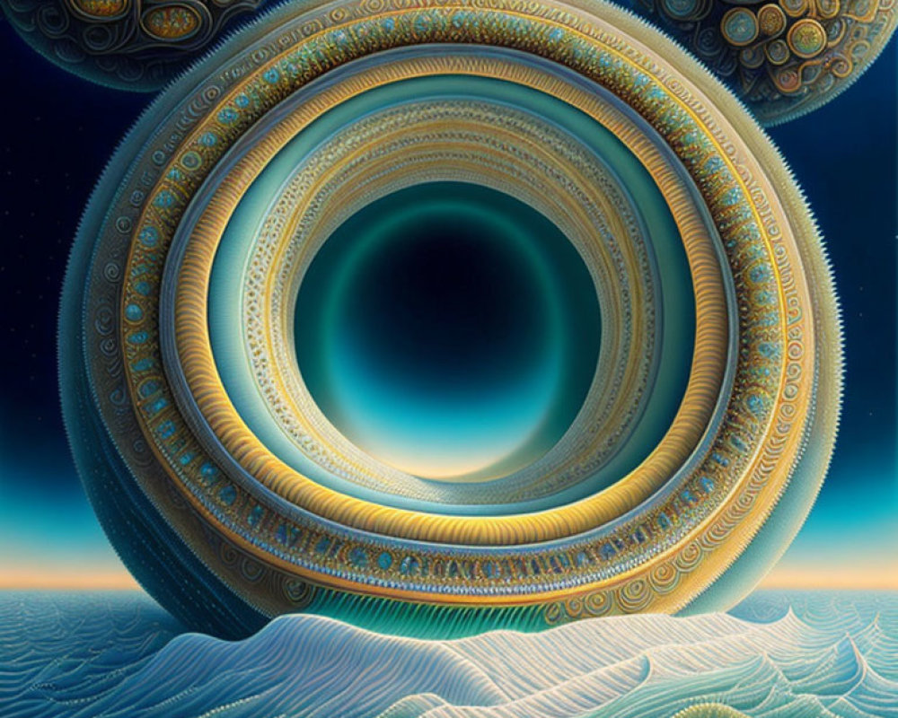 Concentric circles fractal art with dark void and ocean-like background