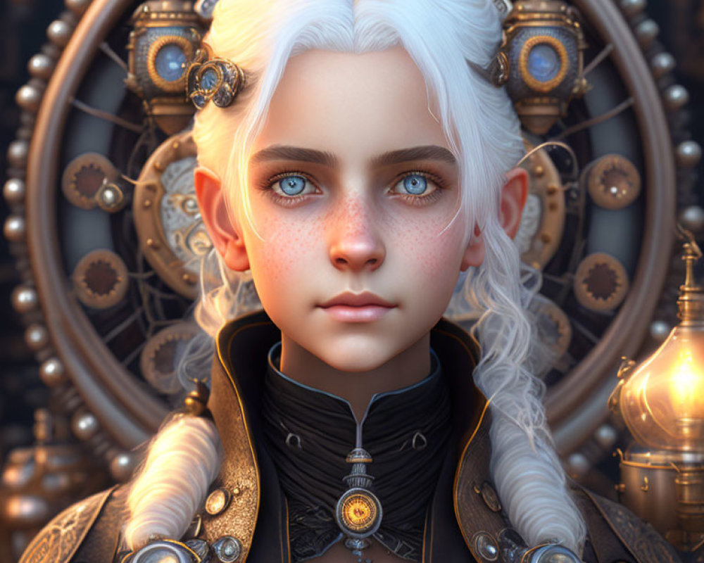 Character with White Hair and Blue Eyes in Steampunk Setting