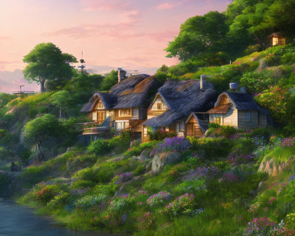 Thatched-Roof Cottages on Lush Hillside at Sunset