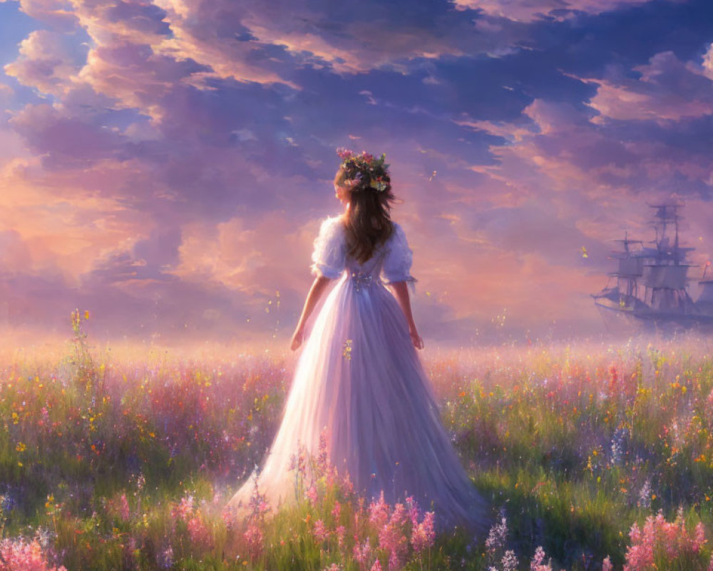 Woman in white dress with floral wreath gazes at ship in horizon amidst wildflowers and sunset sky