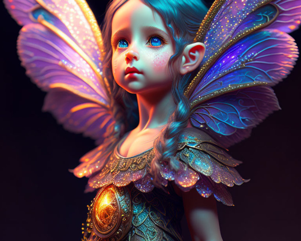 Whimsical fairy child with luminous wings and golden armor on dark background