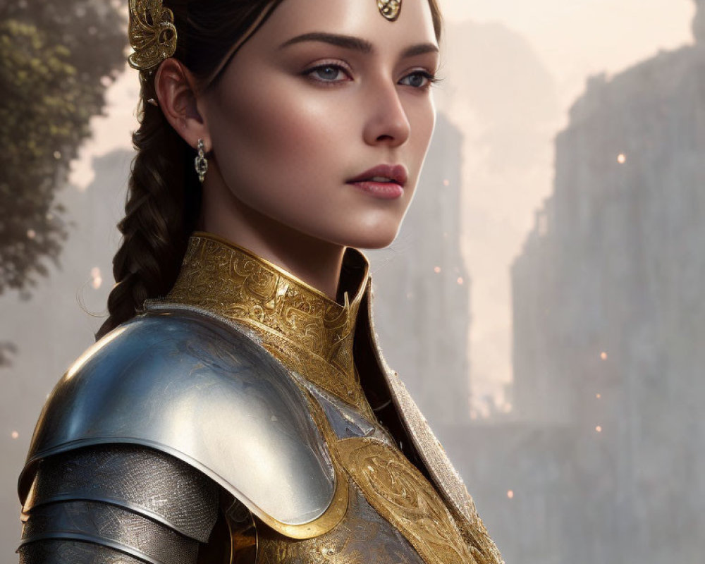 Detailed medieval armor and elegant jewelry on a woman in misty cliffs.