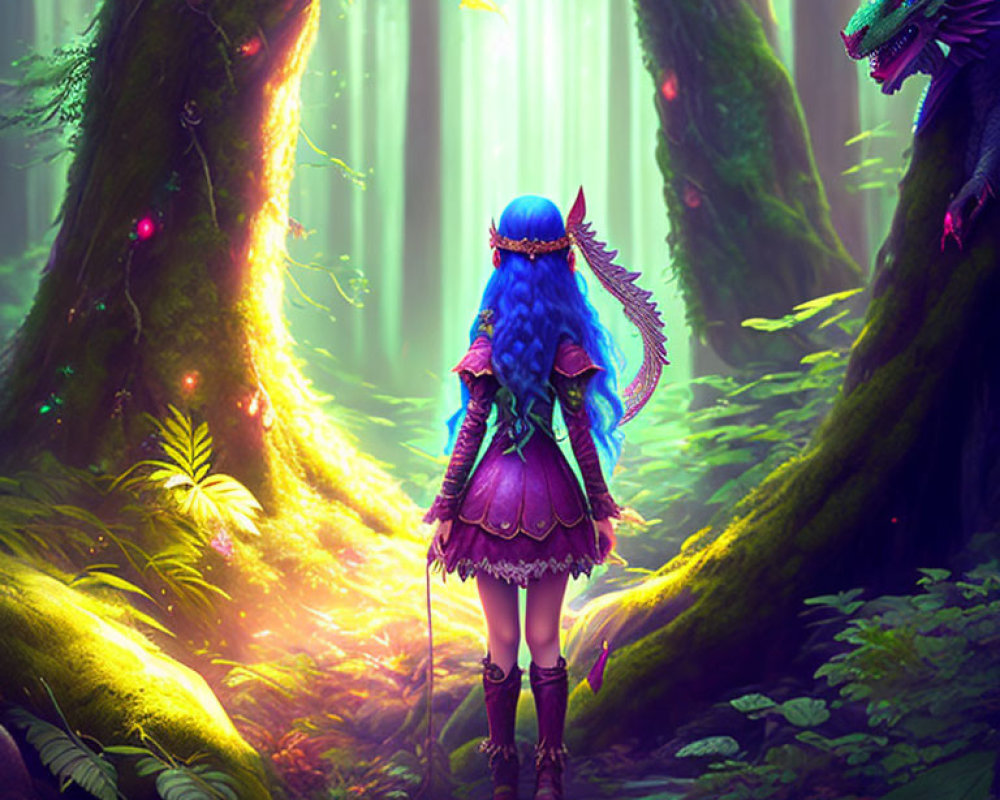 Female warrior with blue hair in mystical forest encounters hidden green dragon