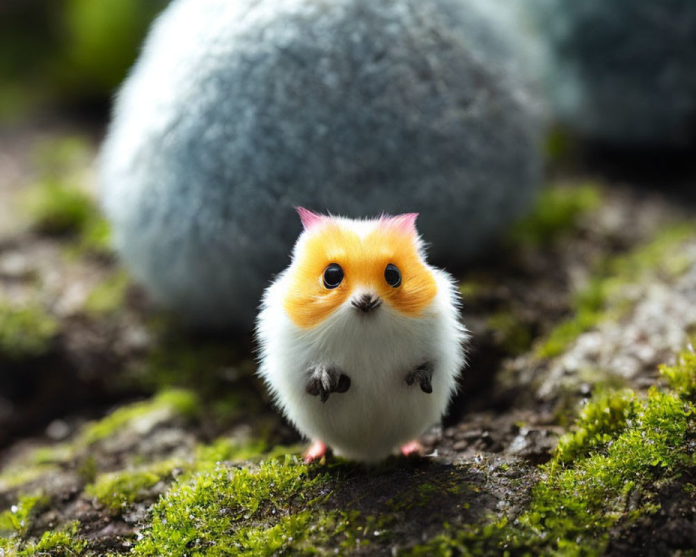 Small, Plump, Furry Creature with Orange and White Face on Mossy Surface