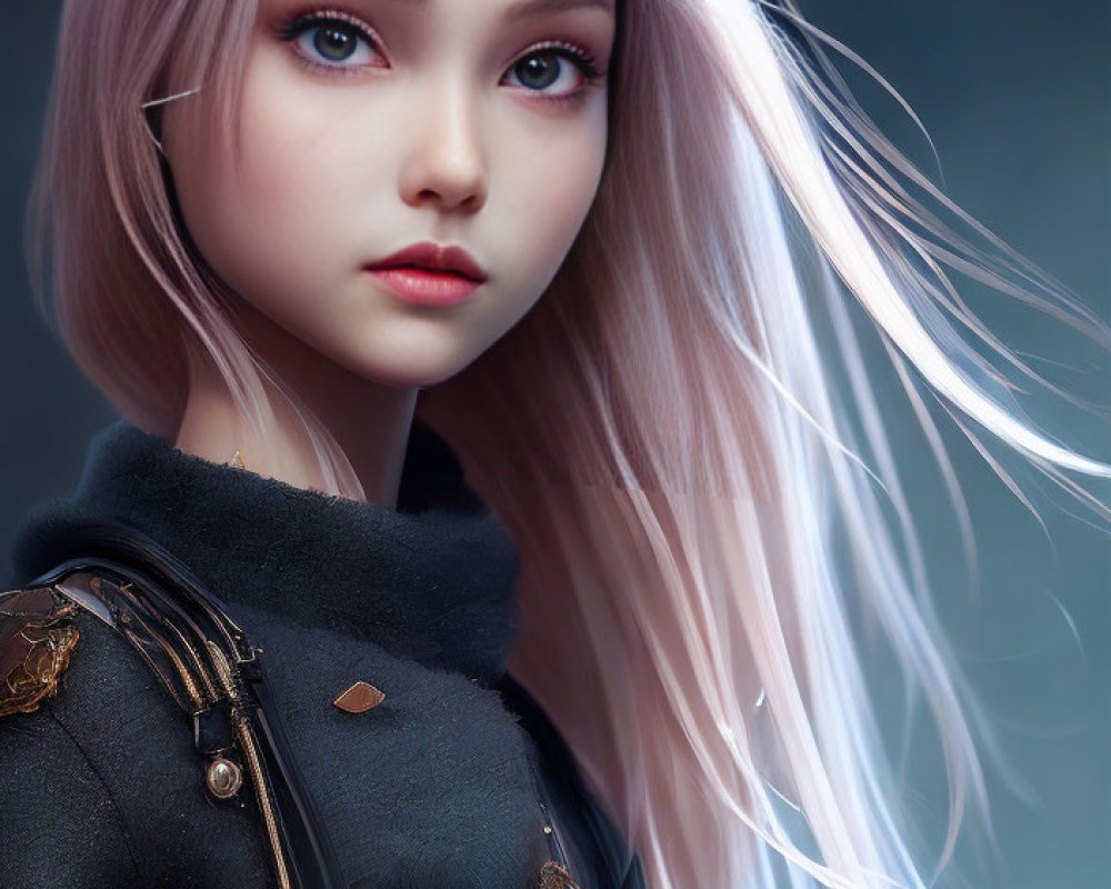 Digital artwork featuring girl with long pinkish-white hair, large eyes, fair skin, dark coat with