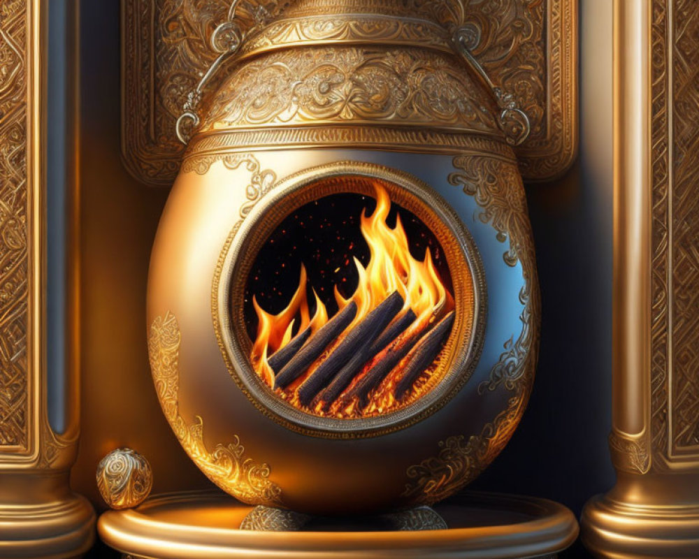 Golden Fireplace with Intricate Designs and Spherical Shape