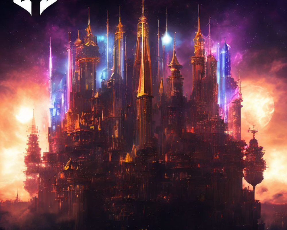 Fantastical cityscape at dusk with towering spires and neon lights