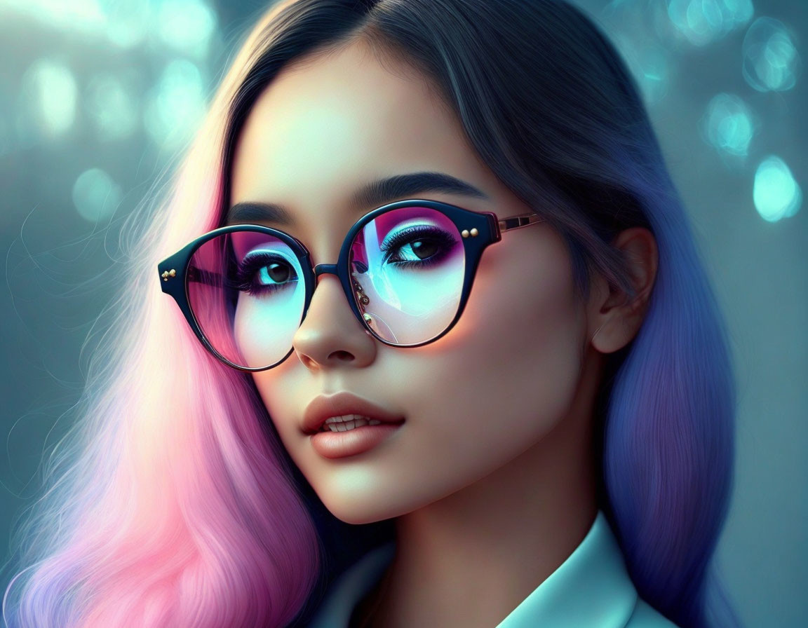 Vibrant illustration: woman with purple ombre hair and glasses on bokeh background