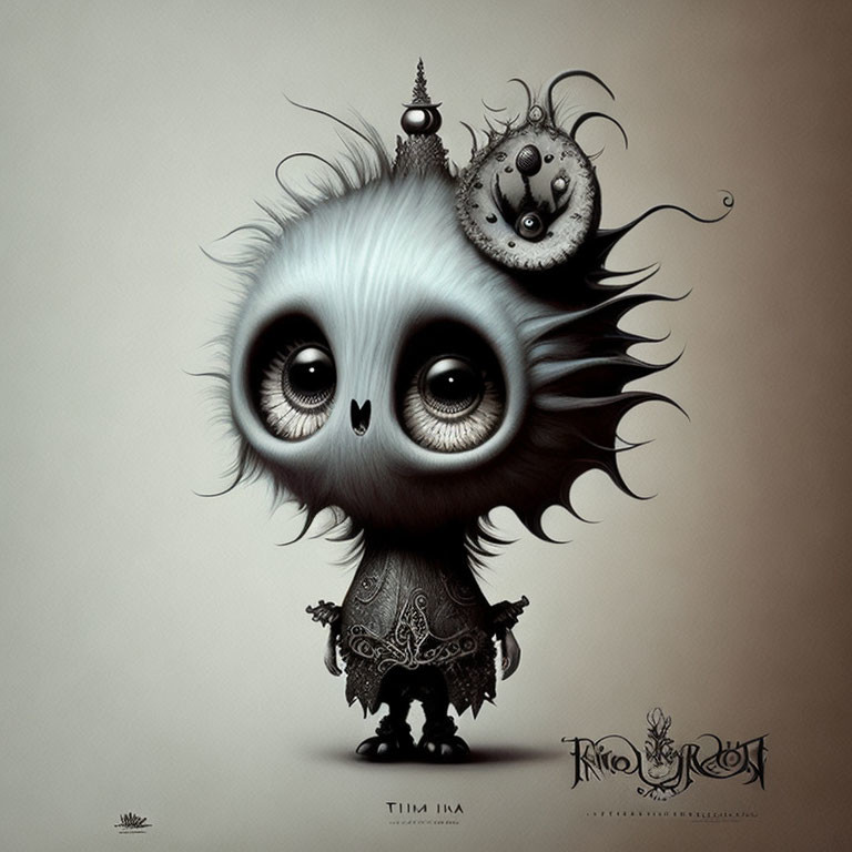 Illustration of whimsical creature with large eyes and steampunk hat