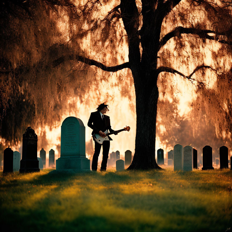 Silhouetted figure playing guitar near tree at sunset among tombstones