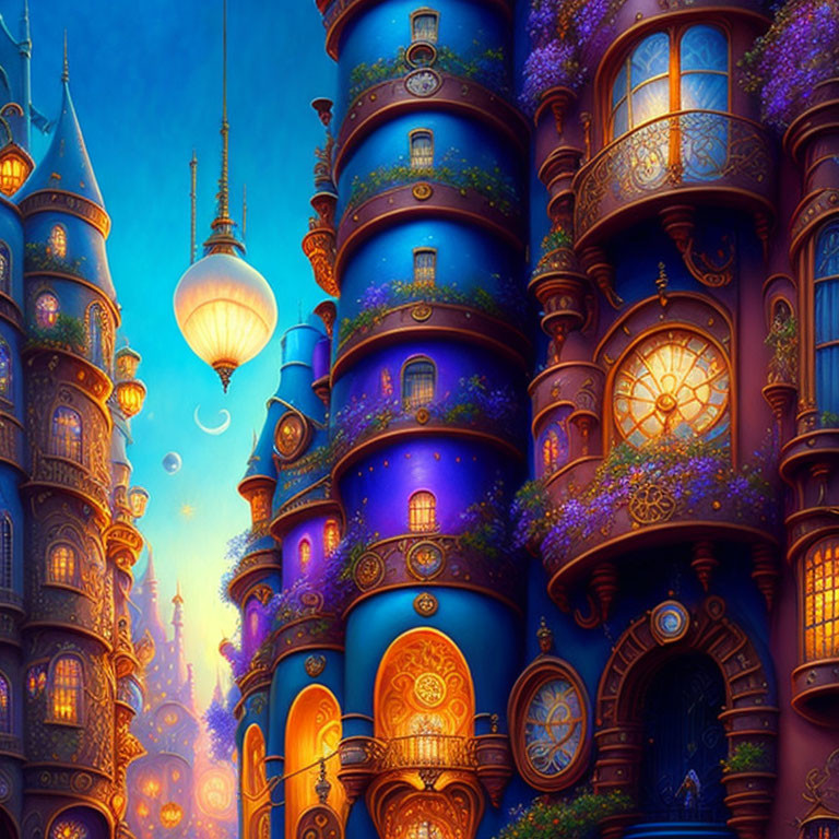 Whimsical castle illustration with lanterns and hot air balloon in twilight sky