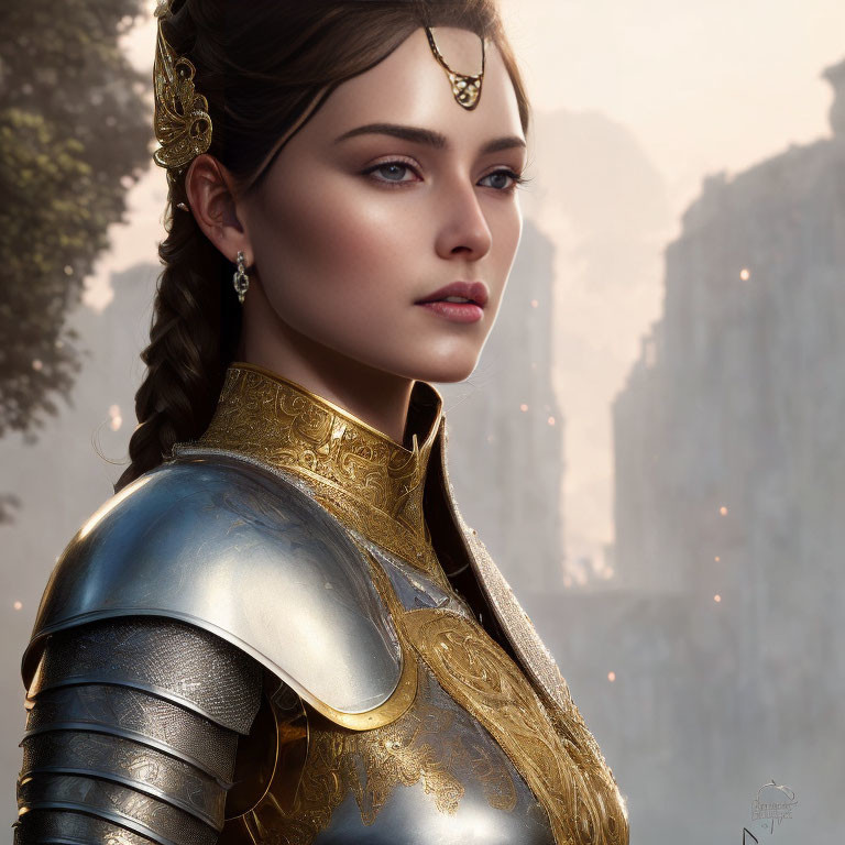 Detailed medieval armor and elegant jewelry on a woman in misty cliffs.