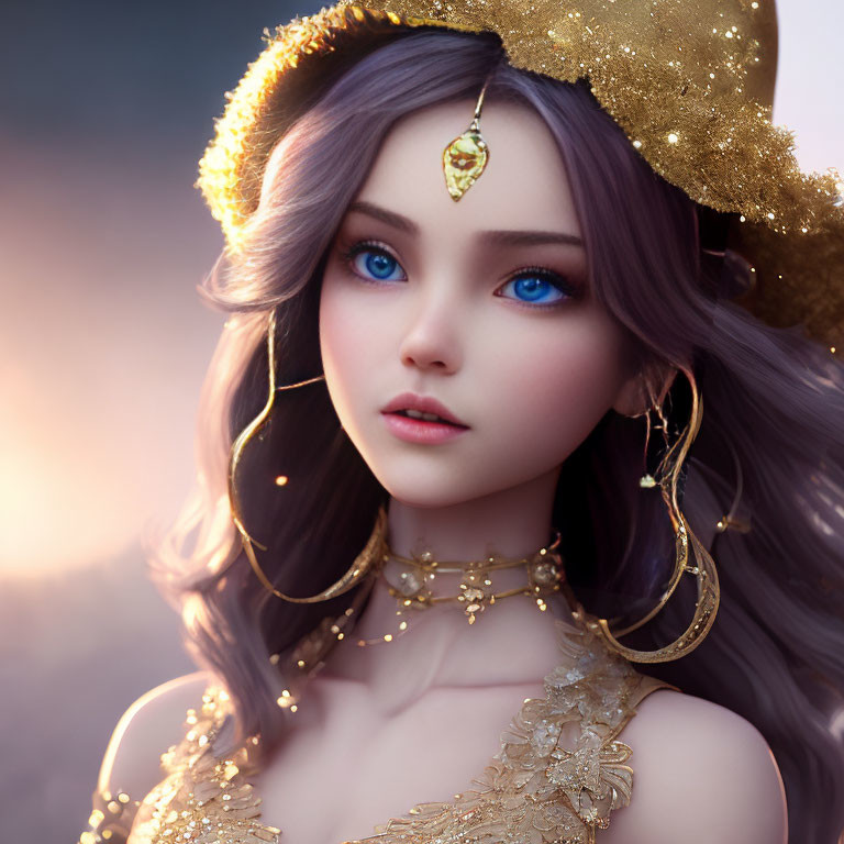 Digital portrait of female character with blue eyes, golden jewelry, and headdress on soft-focus background