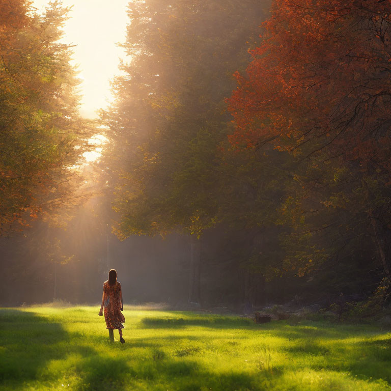 Sunlit Forest Clearing with Autumnal Trees and Person Standing