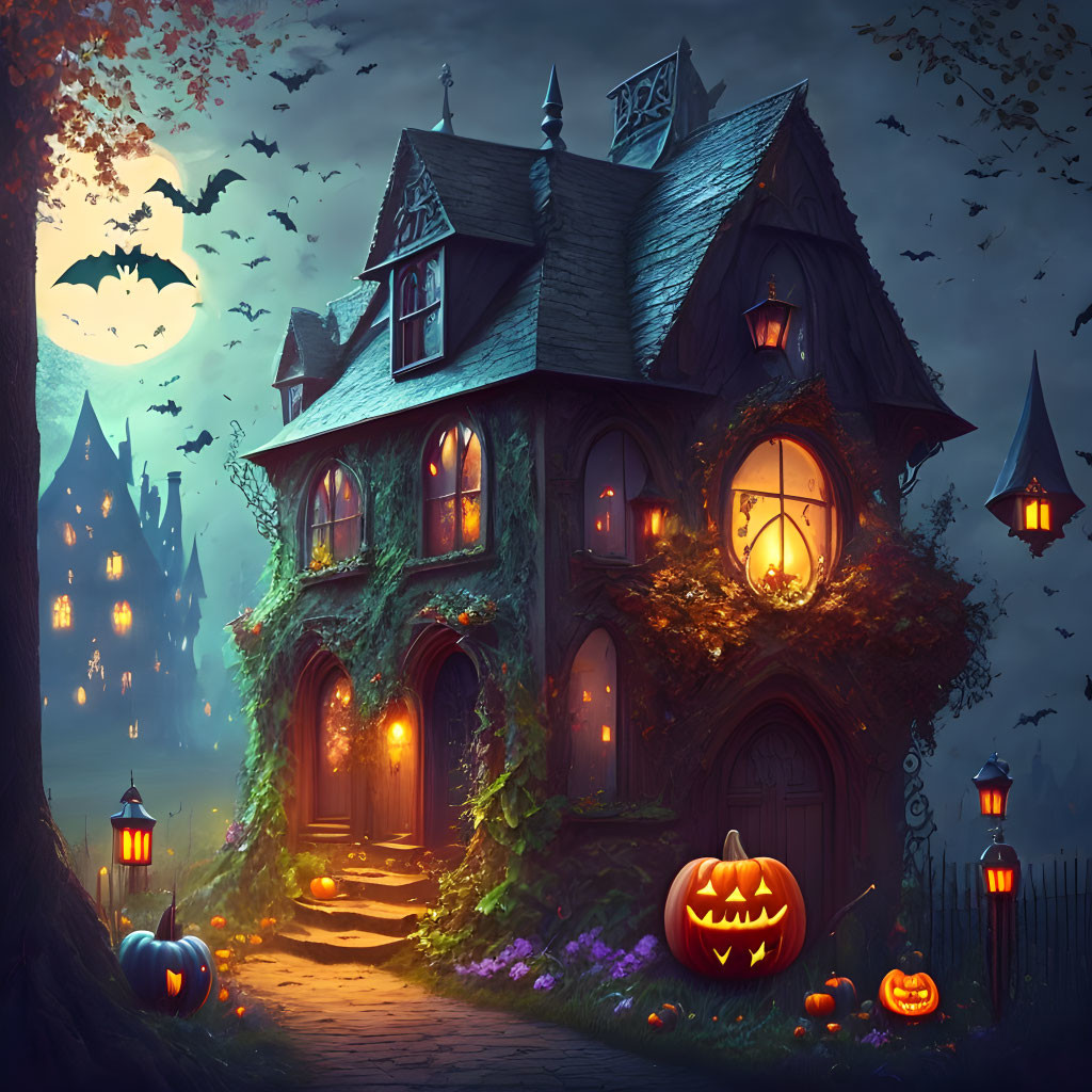 Spooky two-story house with ivy, pumpkins, lanterns, bats, and castle at