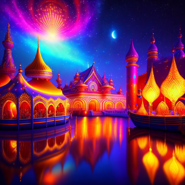 Fantasy palace with spired domes beside a calm lake at night