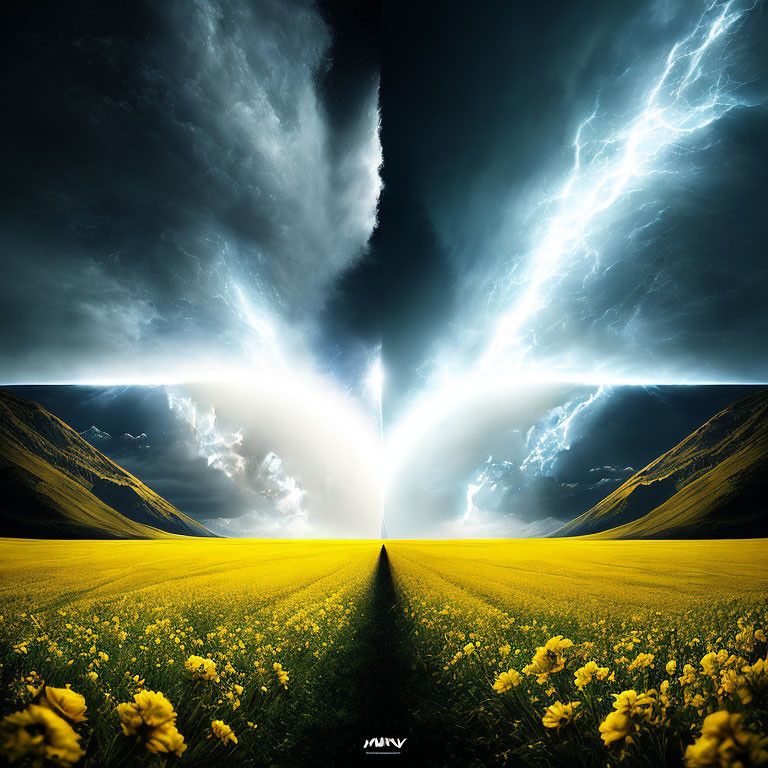 Symmetrical digital artwork of vibrant yellow flower field under dramatic sky