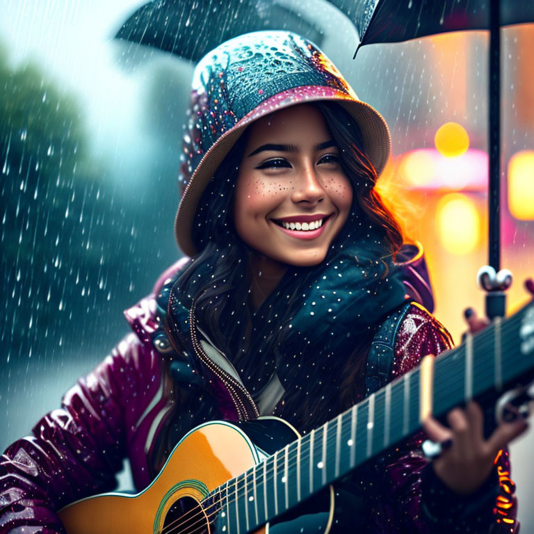 Smiling woman with guitar under umbrella in snowfall