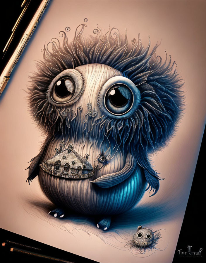 Whimsical creature with large eyes and fluffy fur in blue and black illustration