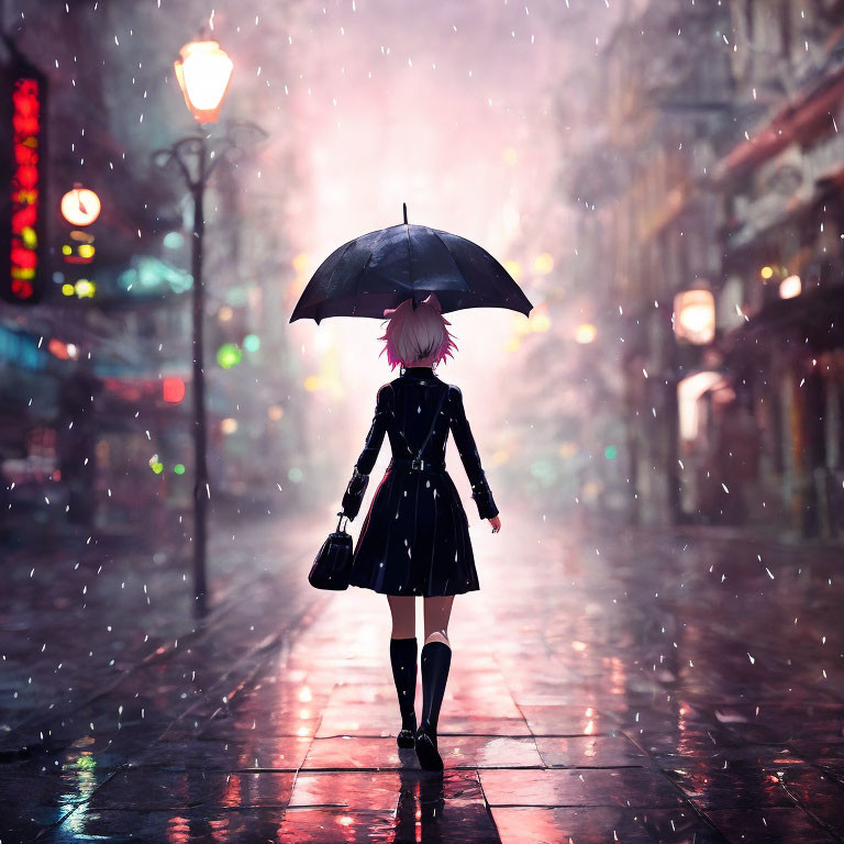 Pink-haired person with umbrella in rainy city street at night