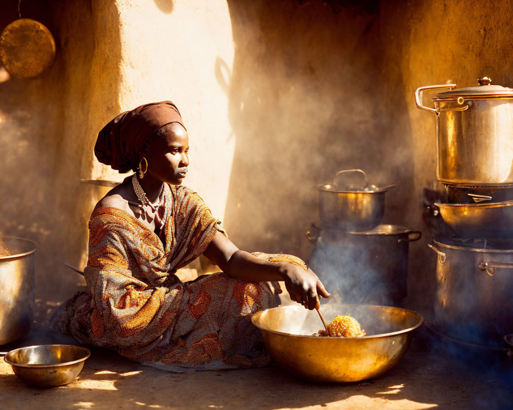 Traditional Attire Woman Cooking with Large Pots in Rustic Kitchen