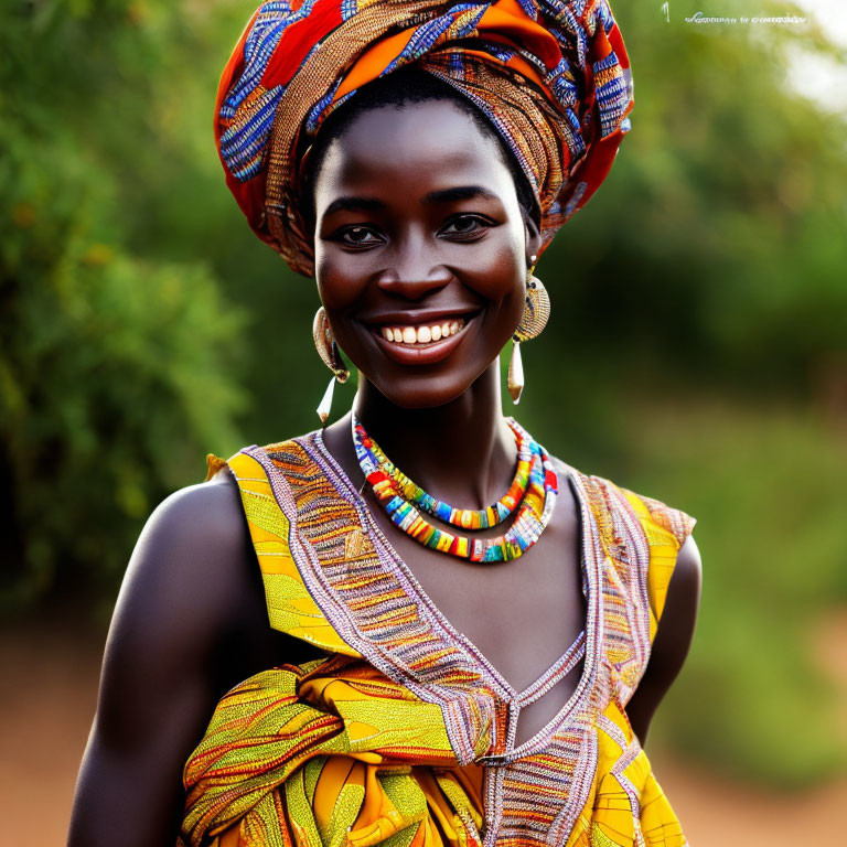 Smiling woman in colorful headwrap and African attire amidst greenery