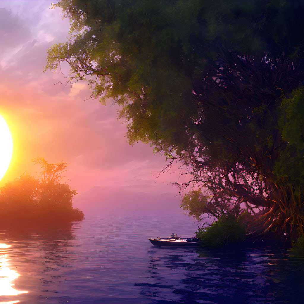 Tranquil sunset scene over calm river with boat and tree