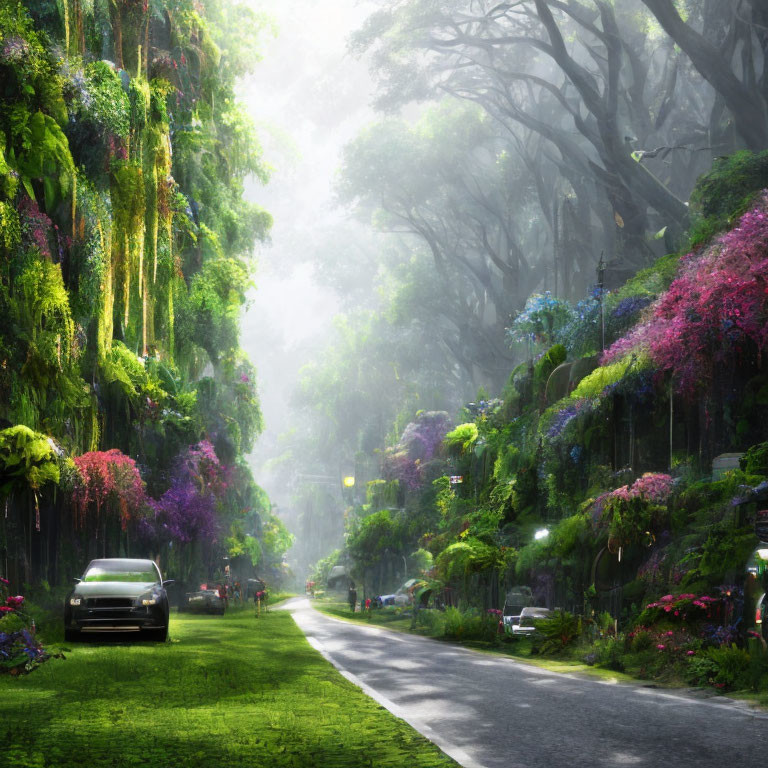 Tranquil tree-lined road with colorful plants and car in soft sunlight