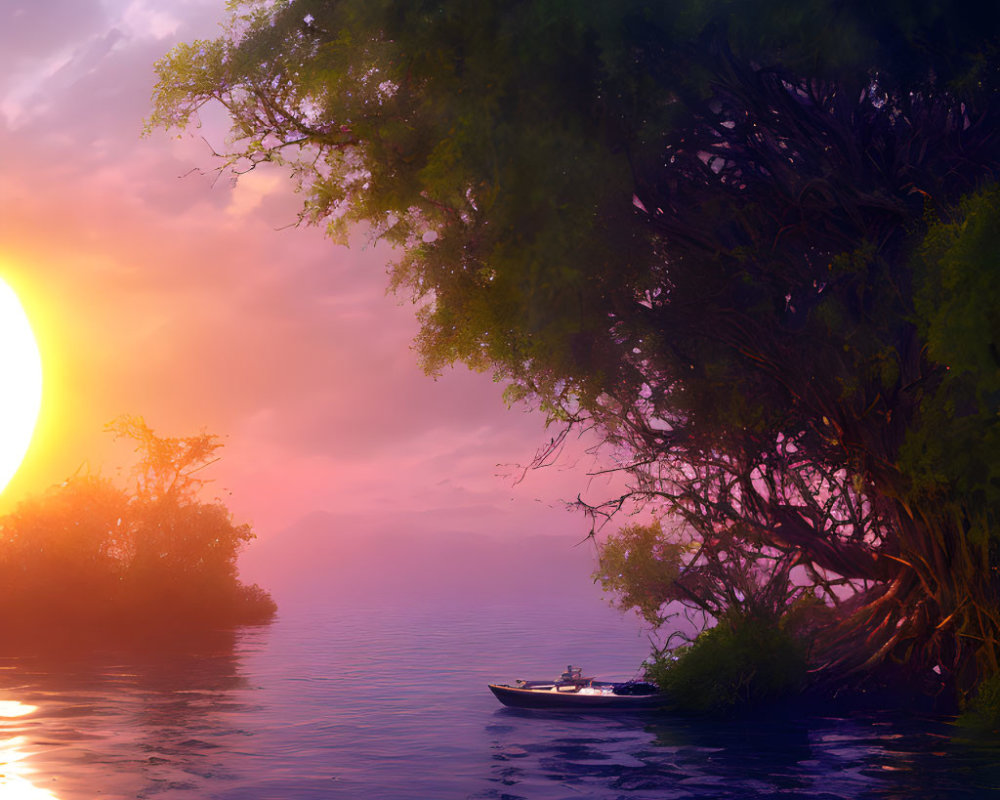 Tranquil sunset scene over calm river with boat and tree