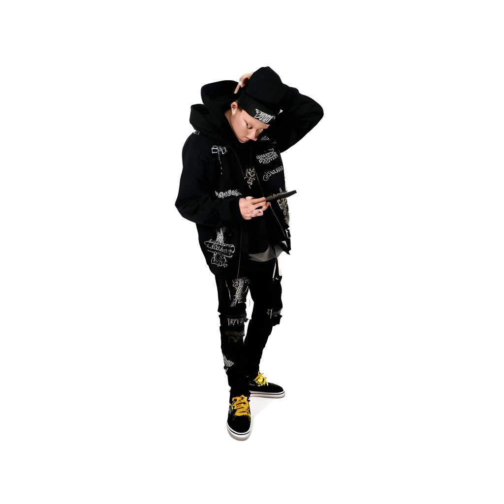 Streetwear Fashion: Person in Black Outfit with Cap and Sneakers