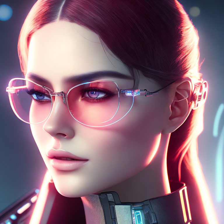 Futuristic female CGI image with glowing glasses and neon accents