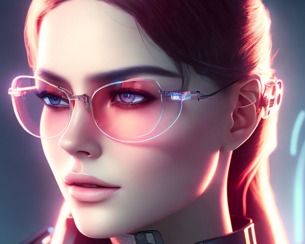 Futuristic female CGI image with glowing glasses and neon accents