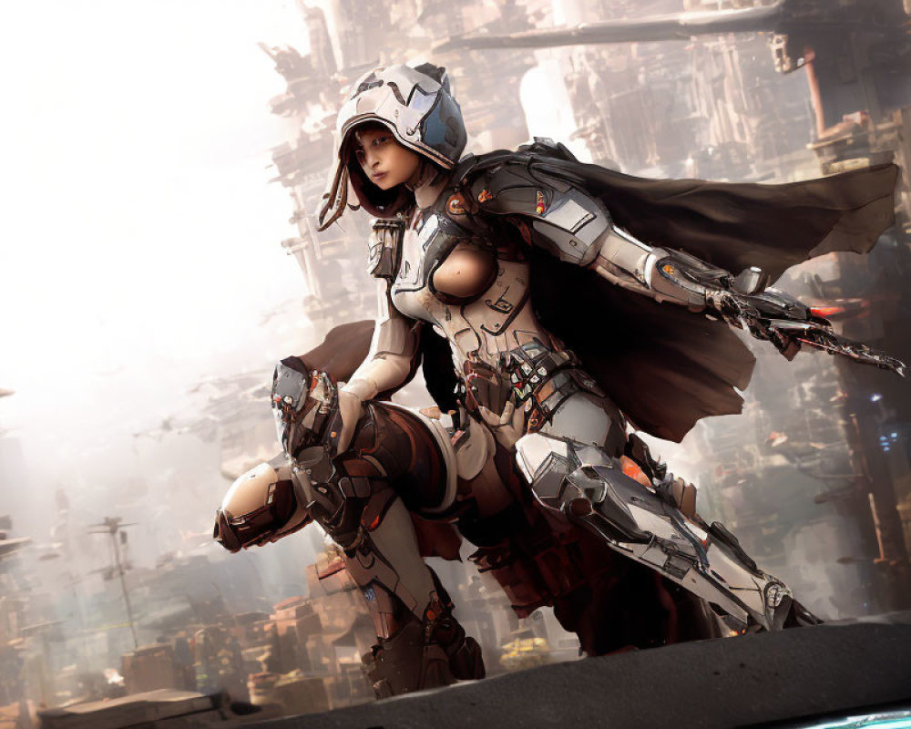 Female Character in Futuristic Armor and Cape Stands Heroically Against Blurred Cityscape