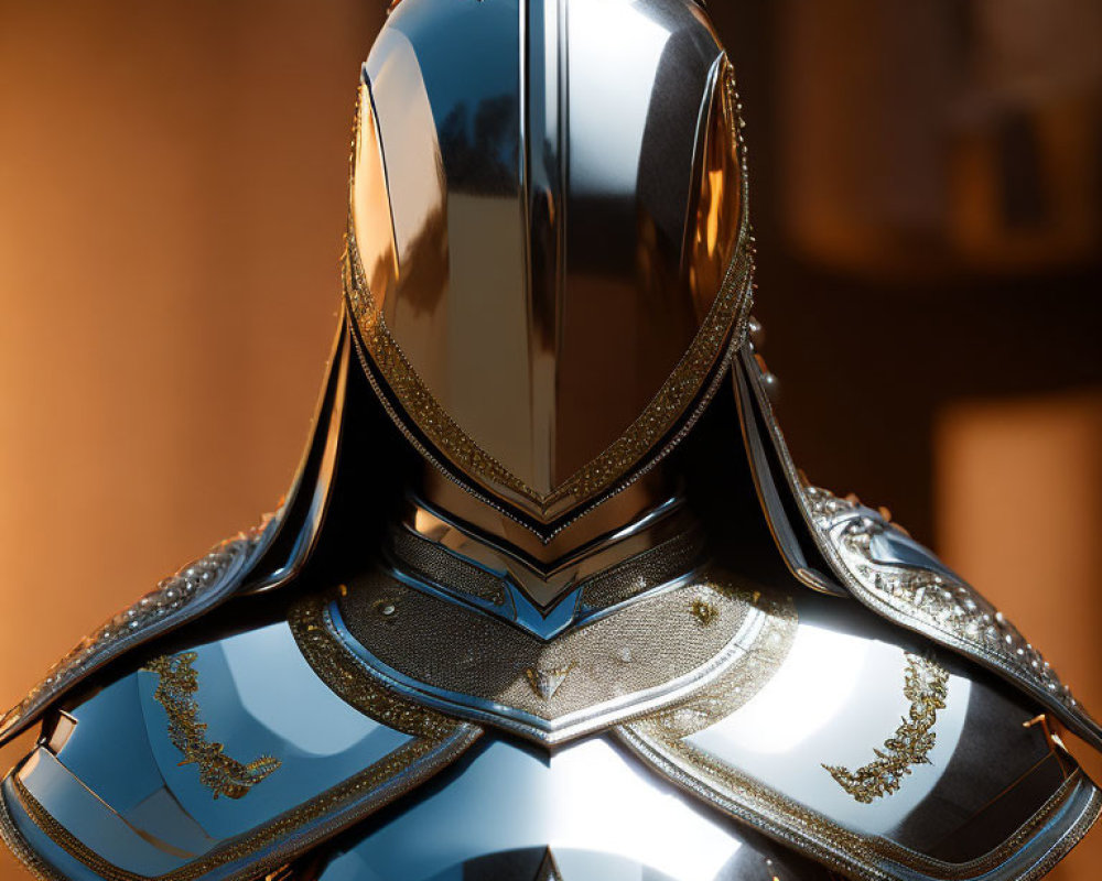 Detailed medieval knight's armor with polished helmet and gold embellishments.