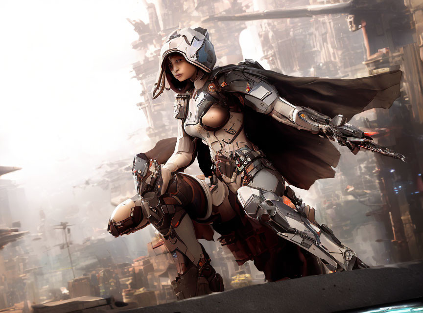 Female Character in Futuristic Armor and Cape Stands Heroically Against Blurred Cityscape