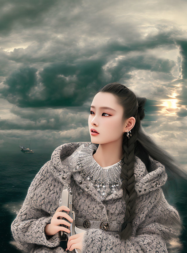 Woman in textured coat with flute under dramatic cloudy sky and distant ship