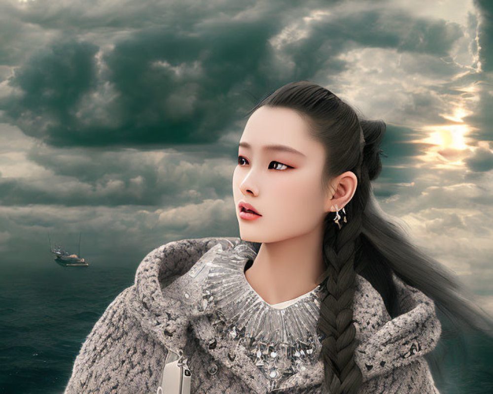 Woman in textured coat with flute under dramatic cloudy sky and distant ship