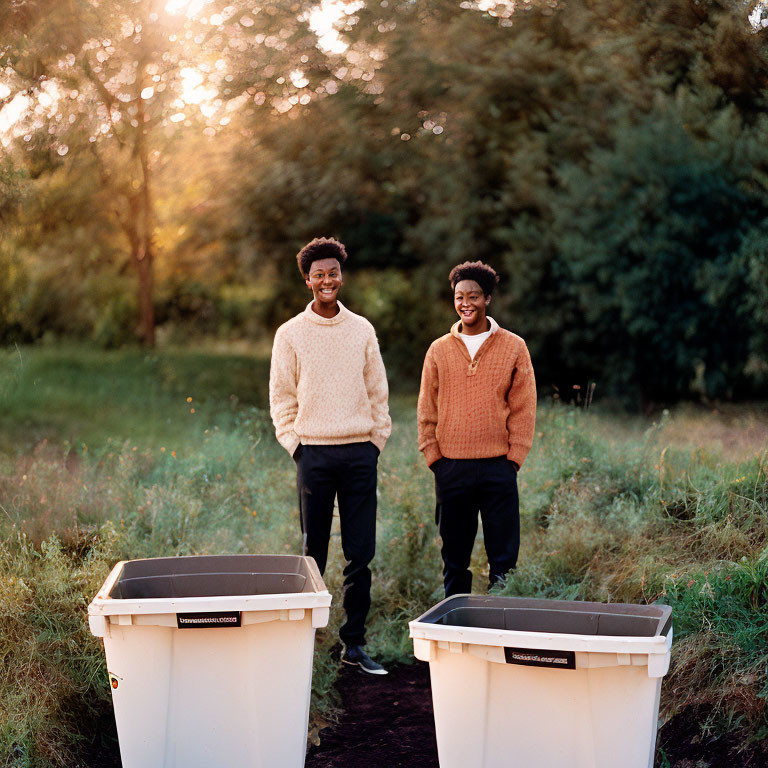 Two People Smiling Outdoors by Trash Bins at Sunset