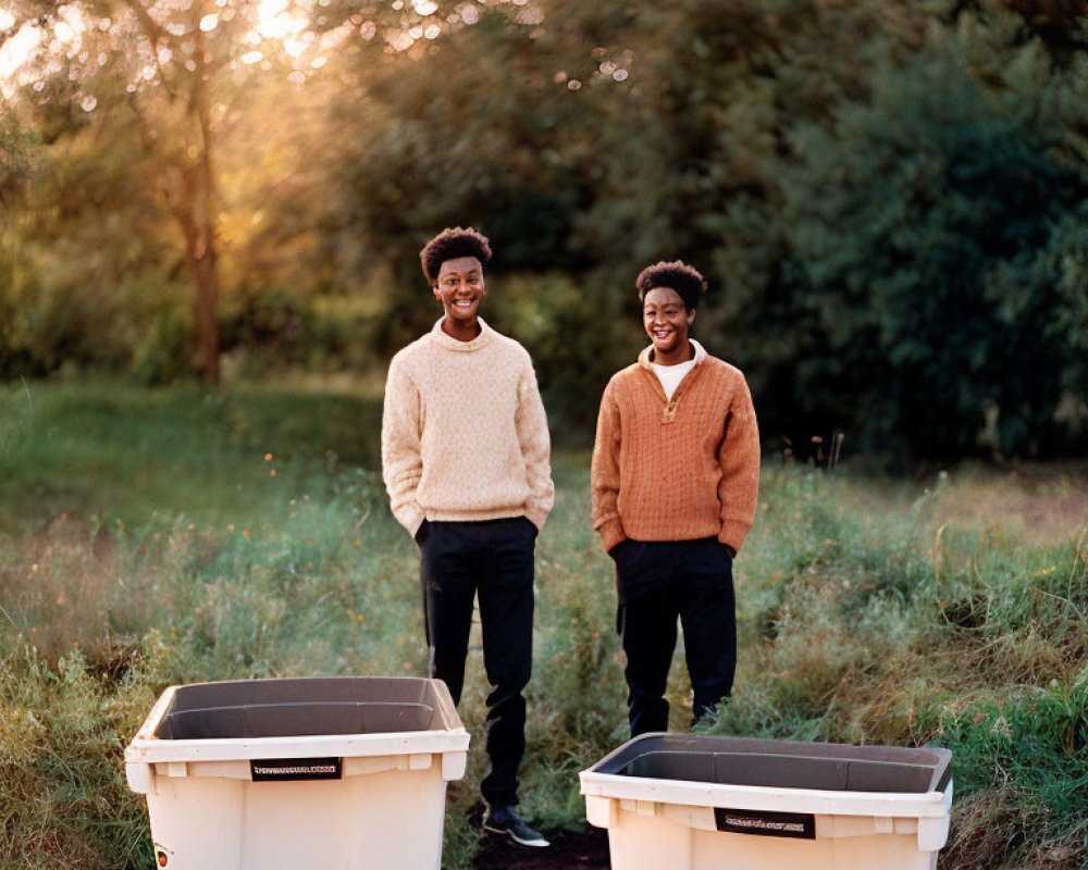 Two People Smiling Outdoors by Trash Bins at Sunset