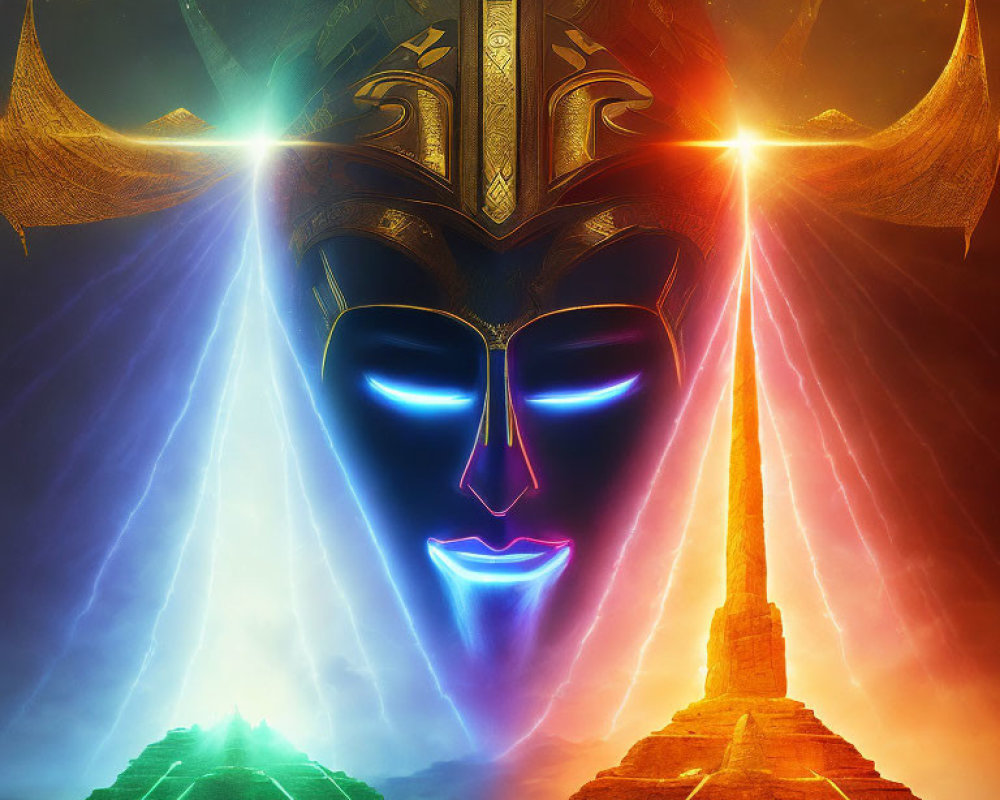 Colorful Radiant Face with Wings and Crown Above Pyramid Emitting Light