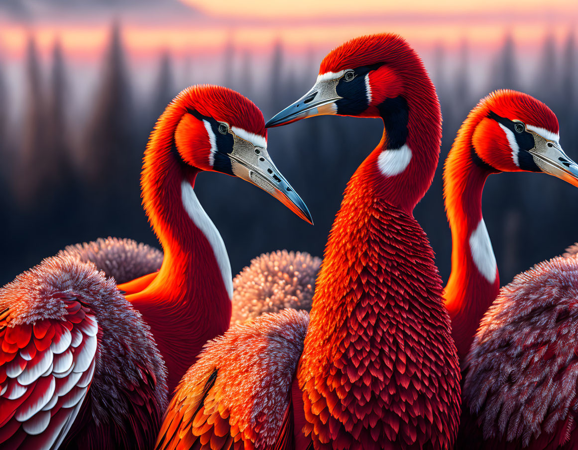 Vibrant Red and Black East African Crowned Cranes in Sunset Forest