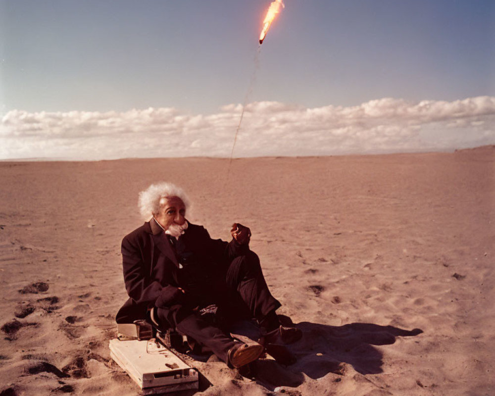 Einstein look-alike with flaming rocket in desert